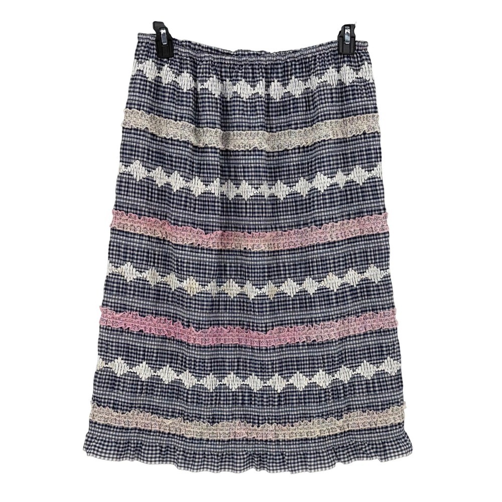 Upcycled Gingham Midi Skirt Lace Trim Embroidery Cottagecore Navy Pink Medium